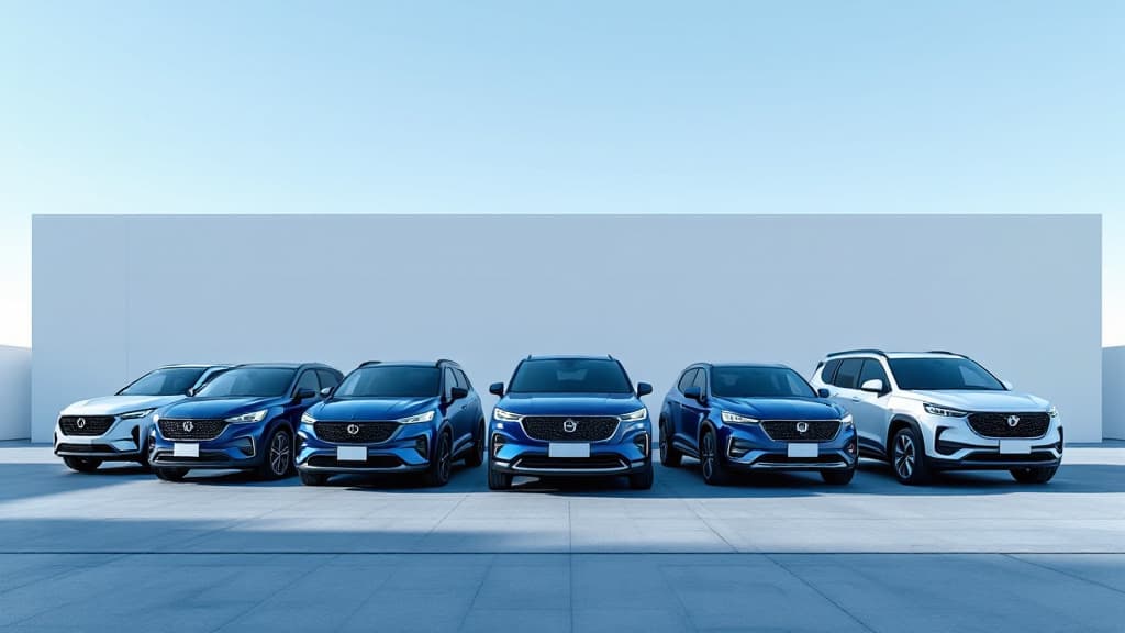 Fileira de carros compactos e SUVs novos estacionados lado a lado num pátio, vistos de frente, sem placas visíveis.