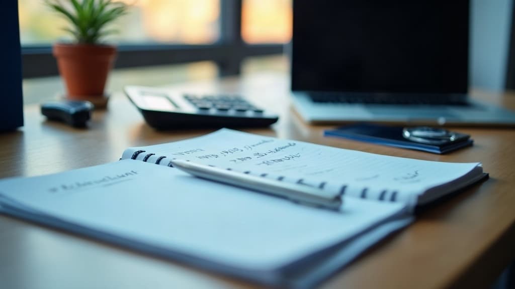 Calculadora, chave de carro e anotações sobre uma mesa perto de um notebook.