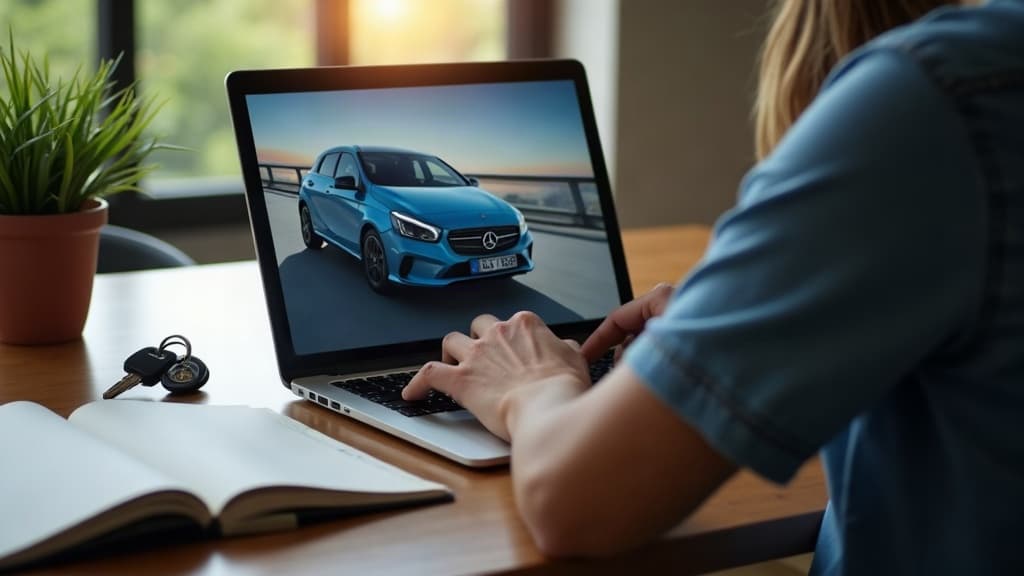 Pessoa em um notebook comparando preços de carros usados, com chaveiro de carro e caderno sobre a mesa.