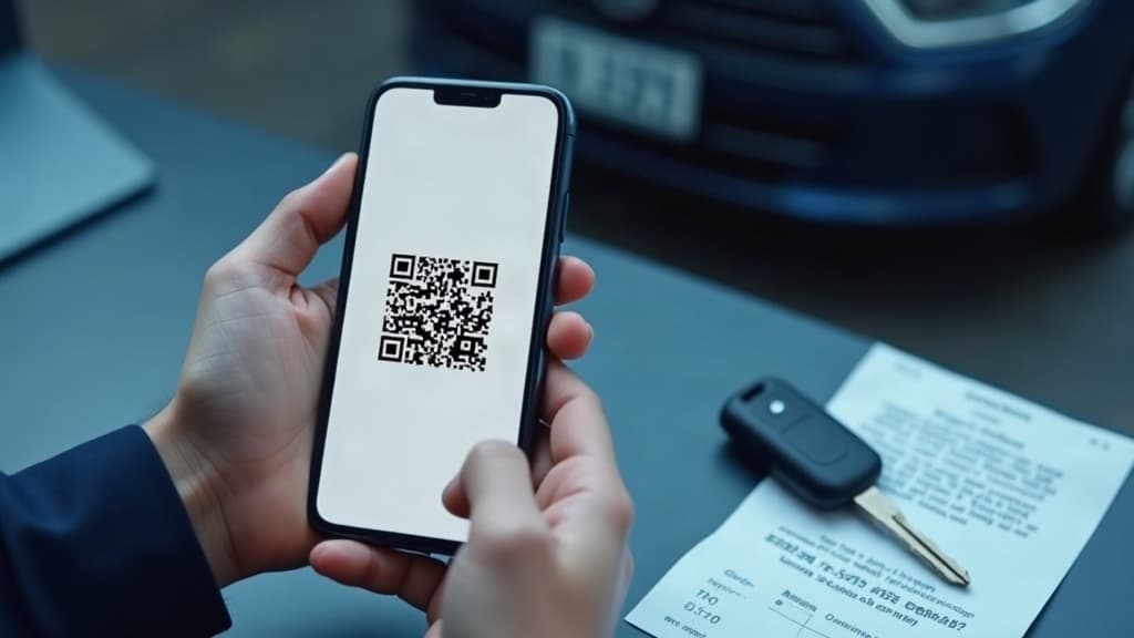 Celular com um QR code de pagamento sobre um boleto e a chave do carro — como pagar a guia do ipva.