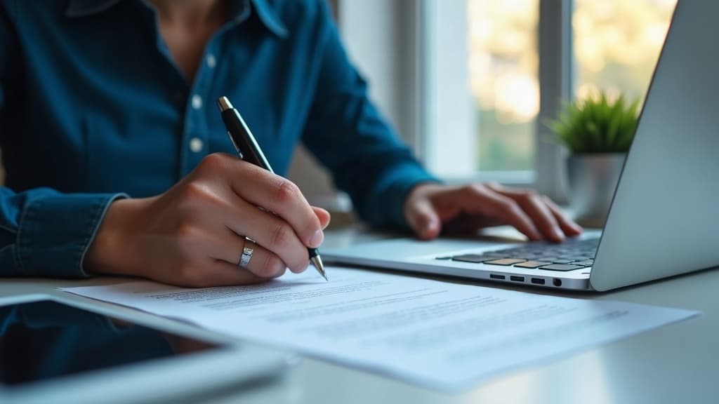 Pessoa preenchendo um formulário à mesa com um notebook aberto ao lado — como recorrer de multa de trânsito.