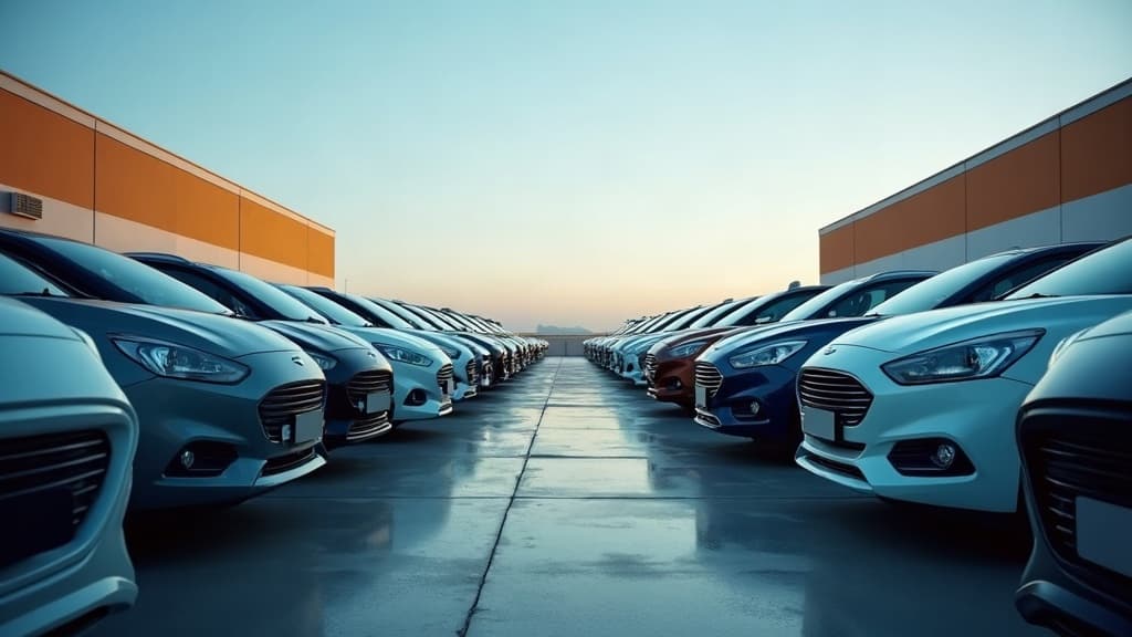Pátio com vários carros usados enfileirados sob luz de fim de tarde.
