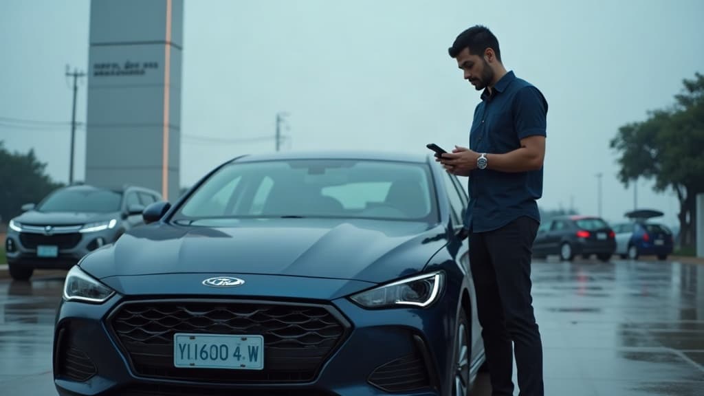 Comprador conferindo a situação de um carro usado com o celular em um pátio de revenda.