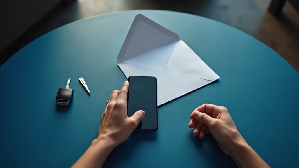 Pessoa segurando o celular virado para baixo, ao lado de um envelope aberto e da chave do carro — multa de transito e golpe.