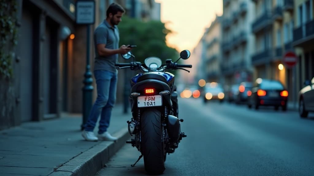 Motocicleta estacionada em rua urbana enquanto uma pessoa confere o celular.