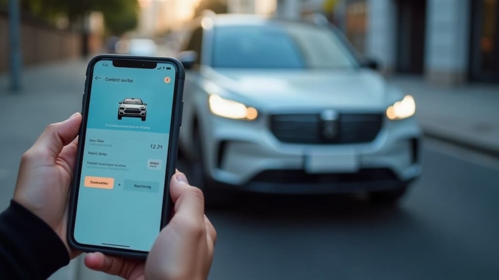 Pessoa consultando a placa de um veículo pelo celular em frente a um carro.