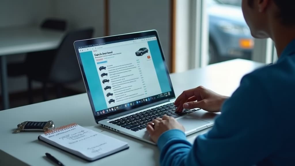 Pessoa comparando anúncios de carros usados no notebook com um caderno de anotações ao lado.