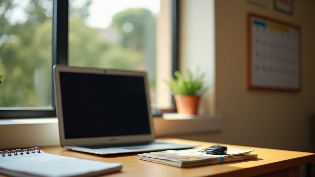 Mesa com notebook, chave de carro, calendário de parede e algumas cédulas de real sob a luz da janela.