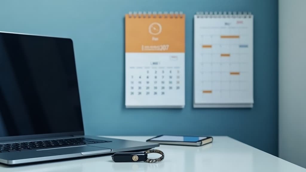Calendário de parede ao lado de um notebook e uma chave de carro sobre a mesa — IPVA atrasado parcelamento.