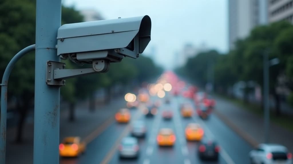 Radar de fiscalização em um poste sobre uma avenida movimentada — multa não identificada o que é.