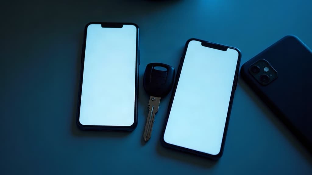 Dois celulares lado a lado com aplicativos diferentes e a chave do carro entre eles — sinesp cidadao x detran.