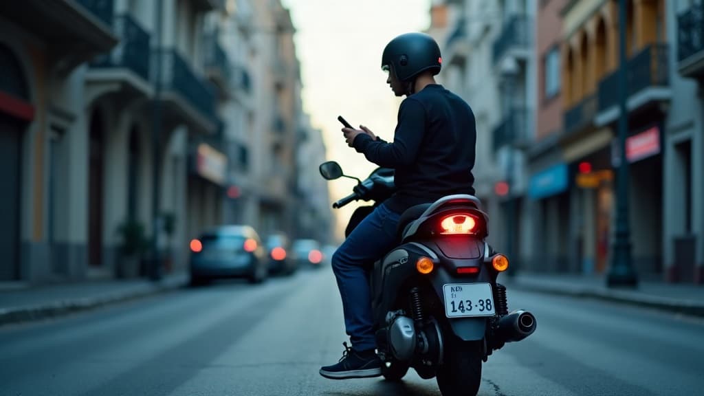 Motocicleta estacionada em rua urbana ao lado de uma pessoa olhando o celular.