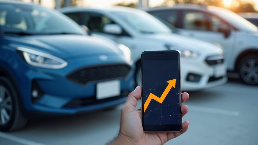 Carros populares enfileirados numa loja e um celular com gráfico de alta em primeiro plano — tabela fipe setembro 2026.