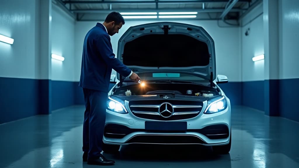 Vistoriador examinando o compartimento do motor de um carro em um box de inspeção.