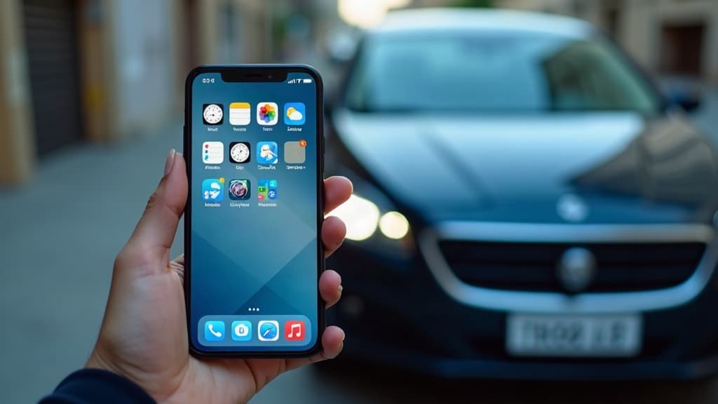 Celular com aplicativos na tela, em frente a um carro estacionado — aplicativo oficial consultar veículo pela placa.