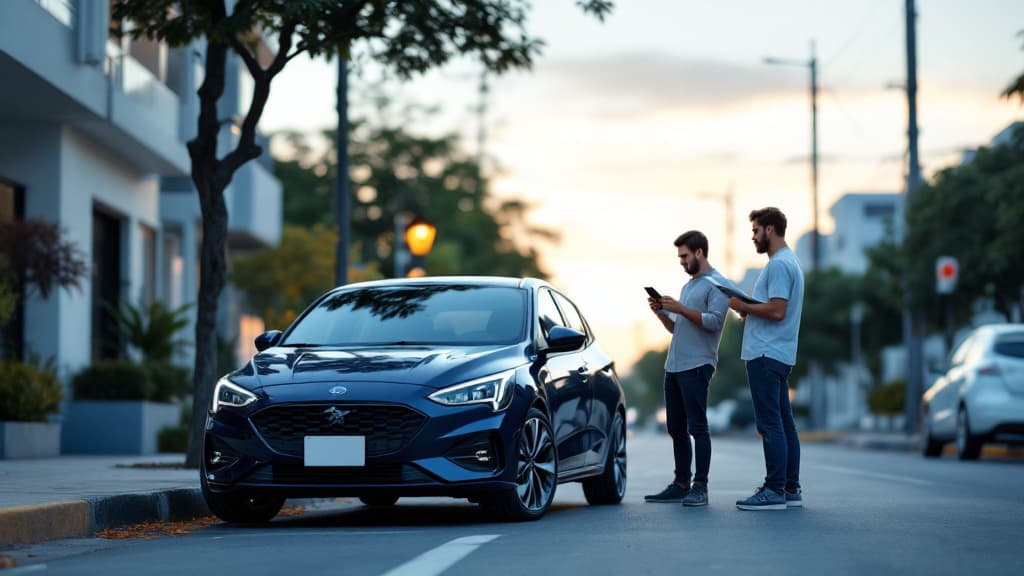 Comprador e vendedor ao lado de um carro usado estacionado na rua, com um celular aberto em uma tela de consulta e documentos dobrados nas mãos.