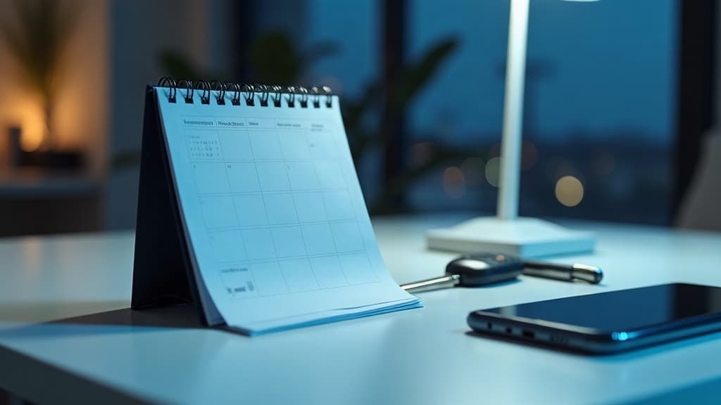 Calendário de mesa ao lado da chave de um carro e de um celular — calendário ipva 2027.