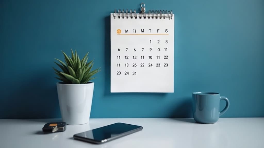 Calendário de parede ao lado de uma chave de carro e um celular sobre a mesa.