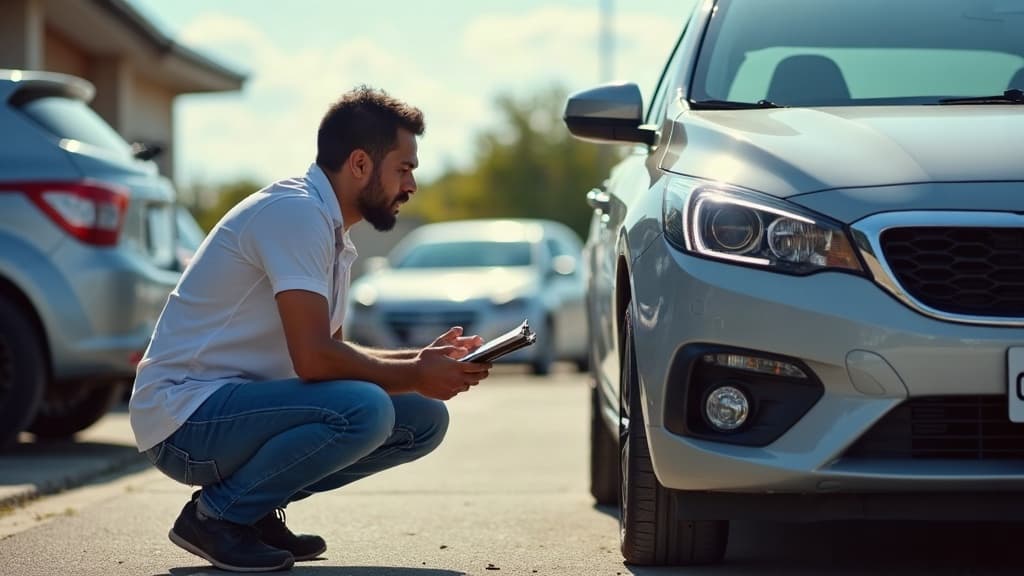 Comprador com uma prancheta inspecionando um carro usado em um pátio de revenda em dia de sol.