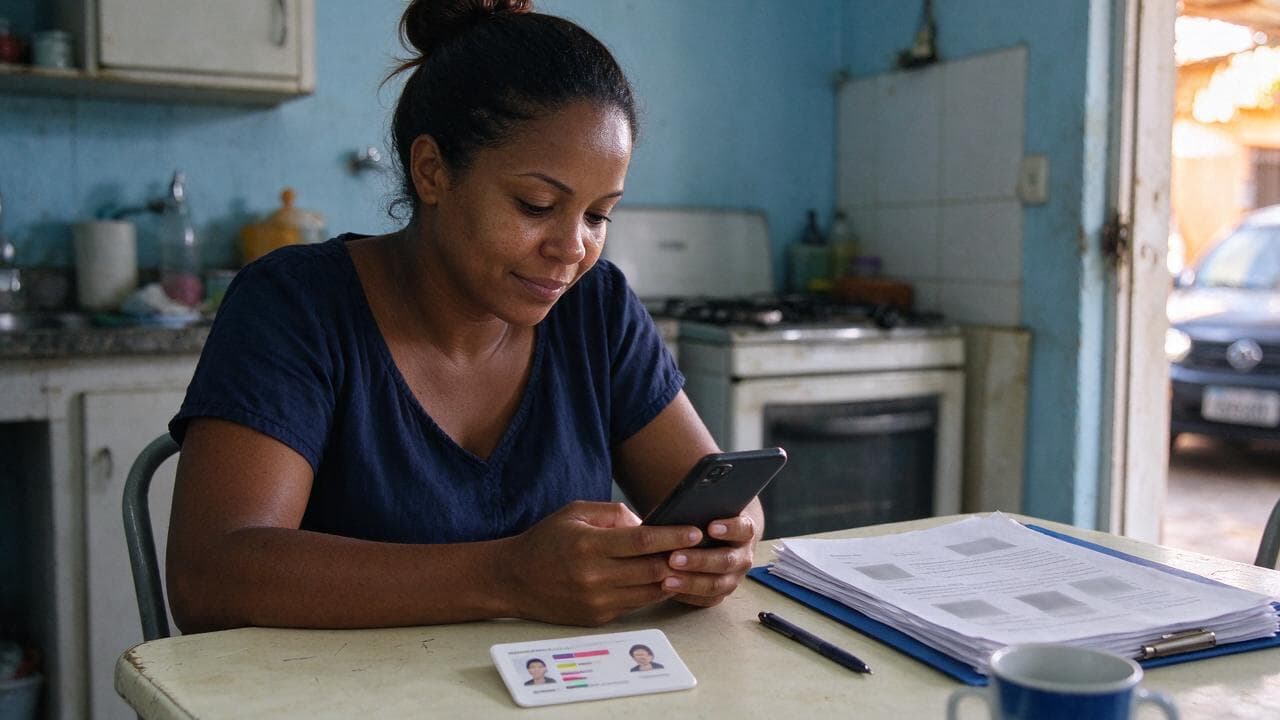 Mulher sentada em casa conferindo uma lista no celular, com documentos pessoais sobre a mesa ao lado