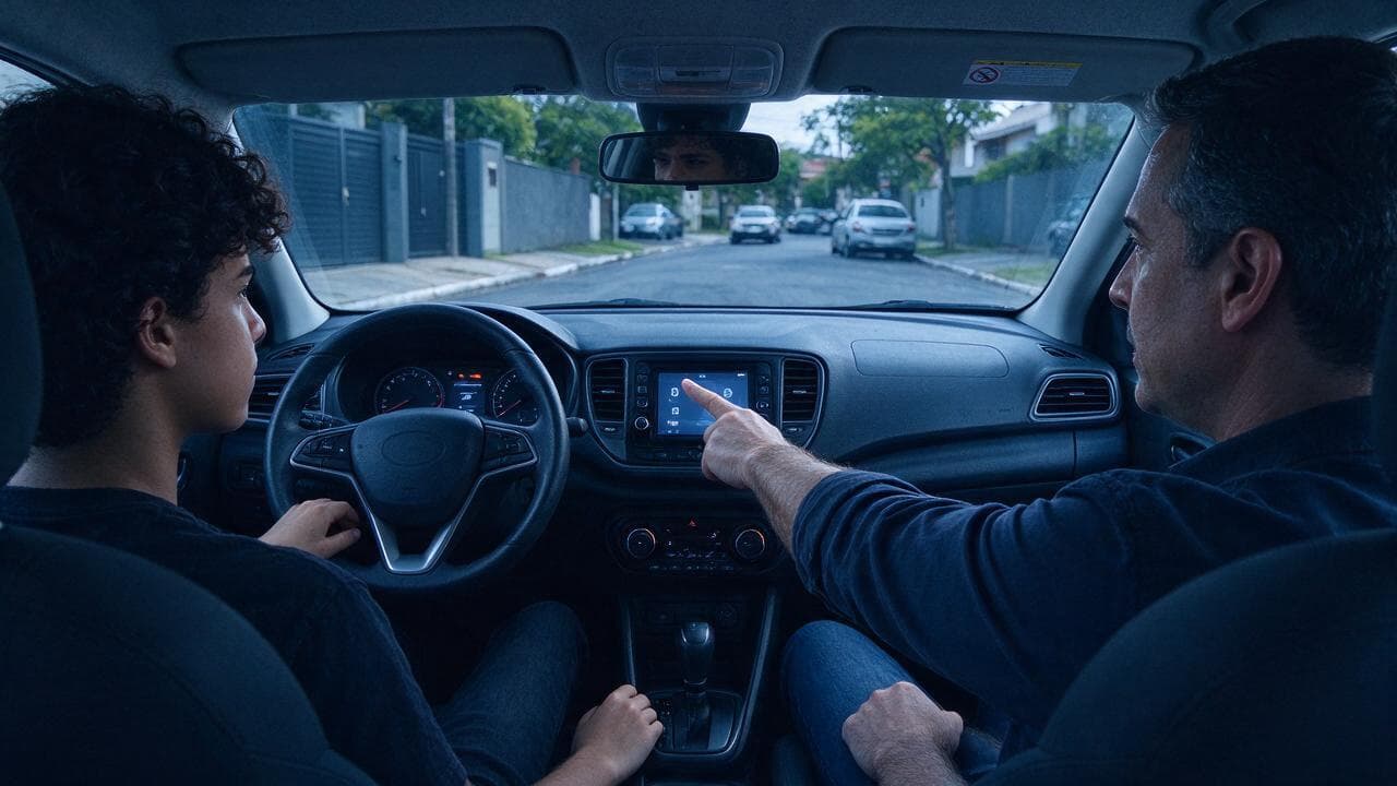 Jovem ao volante de um carro particular parado em rua tranquila, com uma pessoa no banco do passageiro explicando os comandos do painel