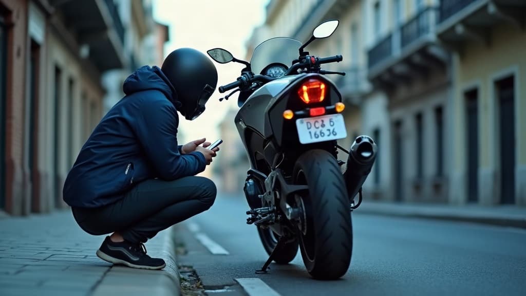 Motociclista conferindo informações no celular ao lado da moto estacionada na rua.