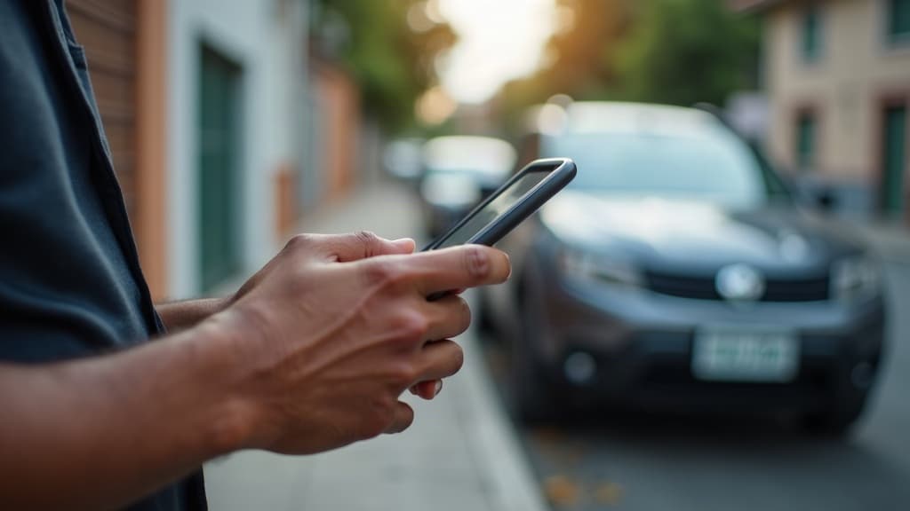 Pessoa conferindo os dados de um veículo pelo celular ao lado de um carro estacionado na rua.