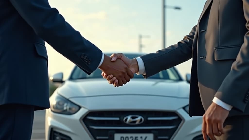 Comprador e vendedor apertando as mãos ao lado de um carro usado — como negociar desconto carro usado.