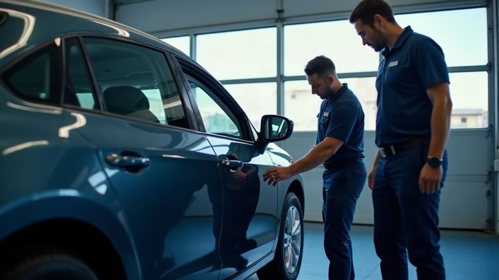 Mecânico e cliente examinando a lateral de um carro usado em uma oficina.