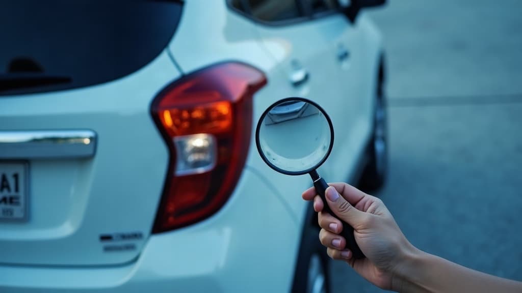 Mão com uma lupa examinando de perto a traseira de um carro — placa mercosul original ou clonada.