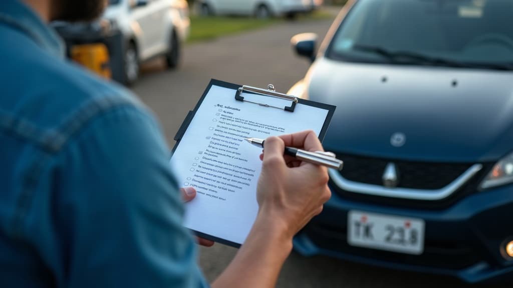 Comprador conferindo uma lista de verificação ao lado de um carro usado — como saber todos os débitos de um veículo.