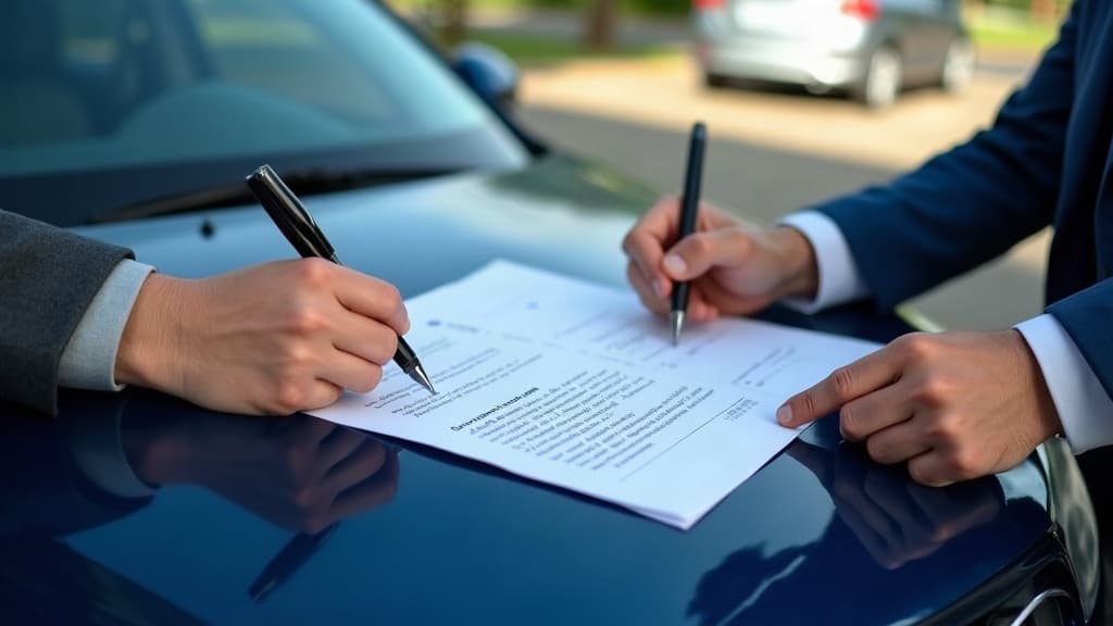Comprador e vendedor assinando documentos de um carro sobre o capô.