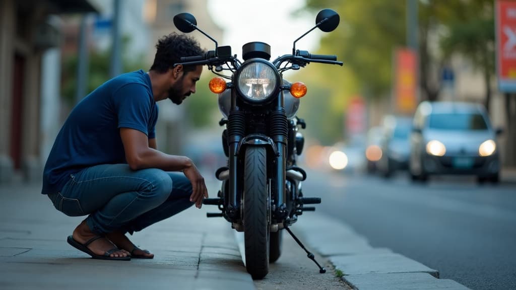 Comprador observando uma moto usada à venda em uma calçada — comprar moto usada o que verificar na placa.