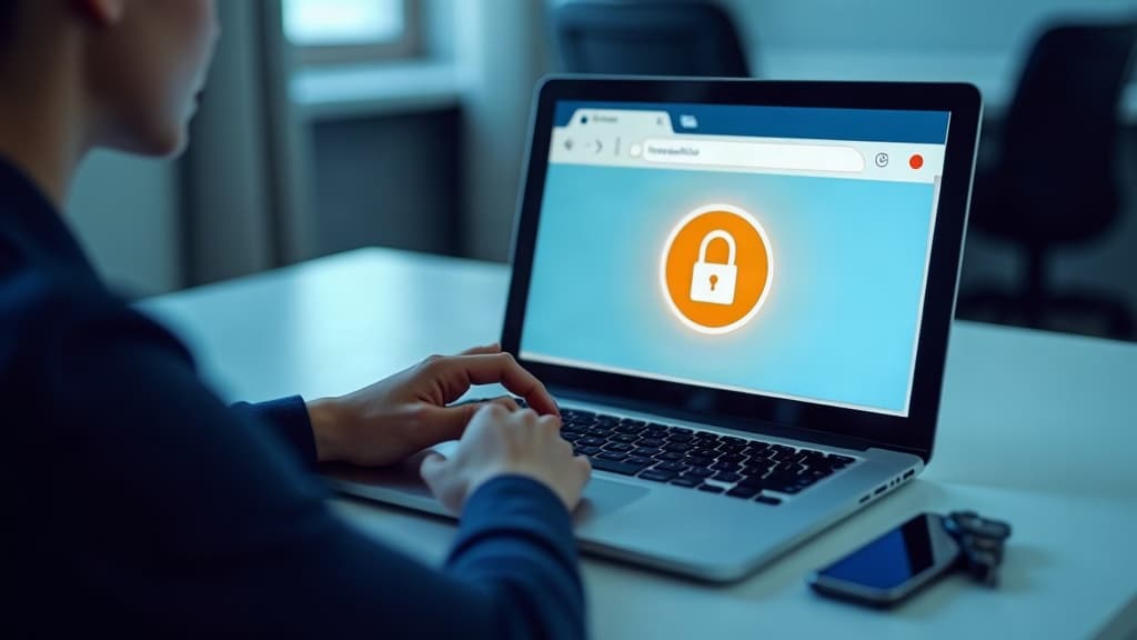 Pessoa no notebook conferindo o cadeado de segurança do navegador antes de consultar — consulta veicular grátis site confiável.