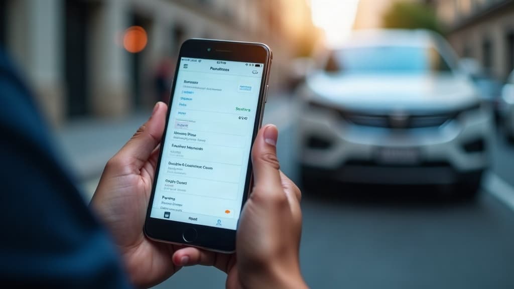 Pessoa conferindo débitos de um veículo no celular ao lado de um carro estacionado.