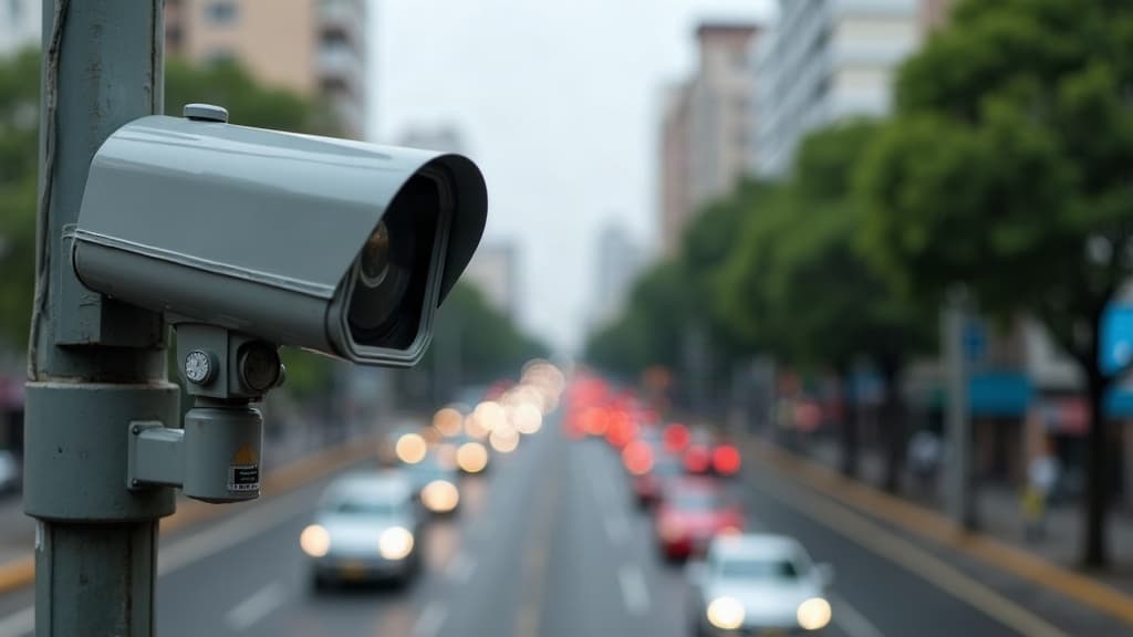 Radar de fiscalização de velocidade em um poste sobre uma avenida urbana movimentada em dia nublado.