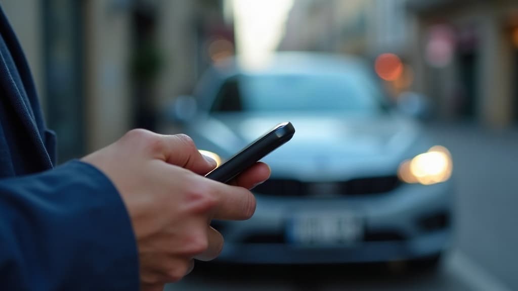 Pessoa digitando a placa de um carro no celular na calçada de uma rua.