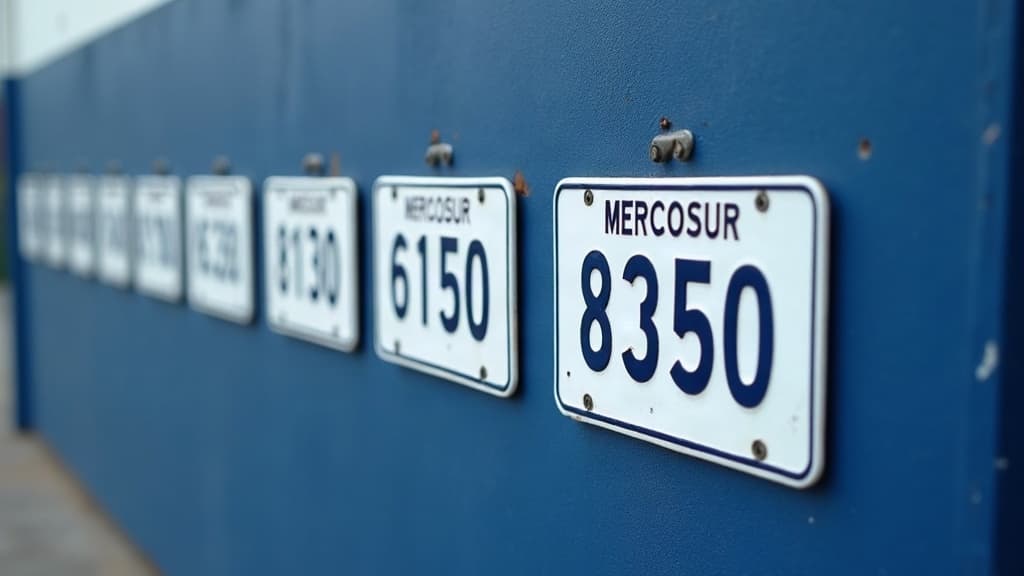 Várias placas de veículo no padrão Mercosul com cores de caracteres diferentes — cores da placa Mercosul o que significam.