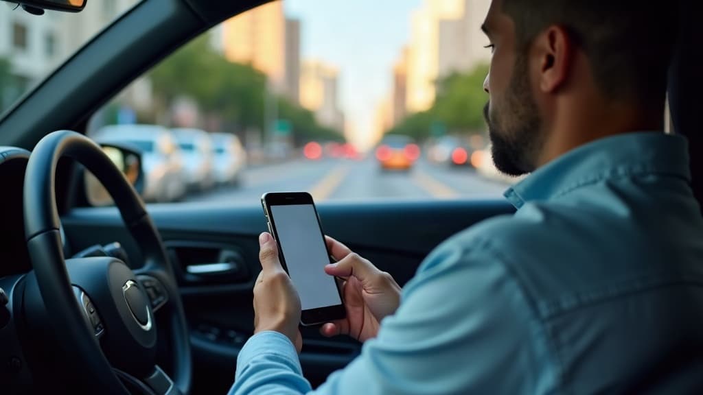 Motorista consultando o celular dentro do carro parado numa rua de Belo Horizonte, com prédios e trânsito ao fundo