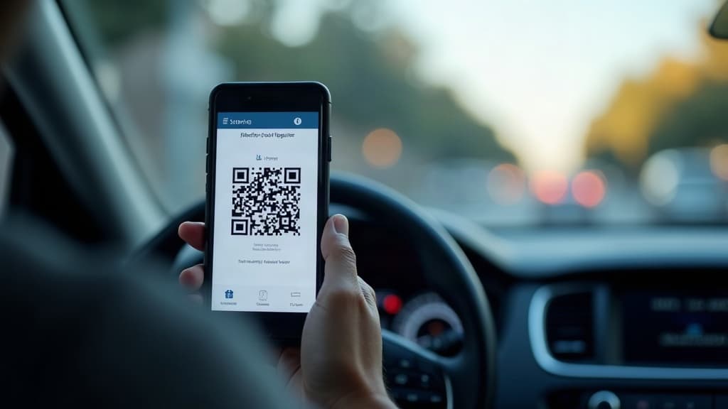 Celular exibindo um aplicativo de documento digital de veículo dentro de um carro.