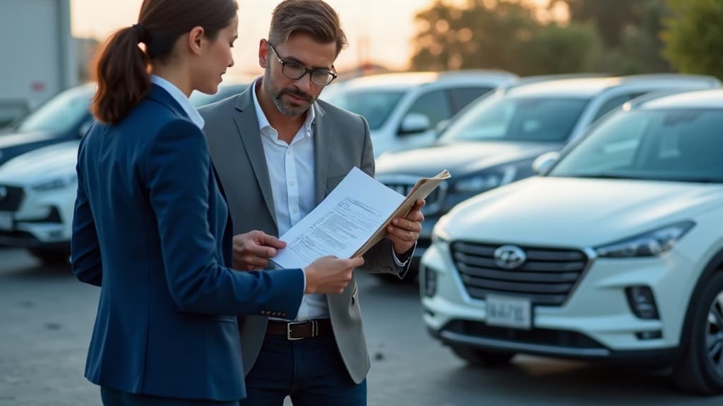 Duas pessoas conferindo documentos de um carro em um pátio de revenda — débito de veículo em nome do antigo dono.