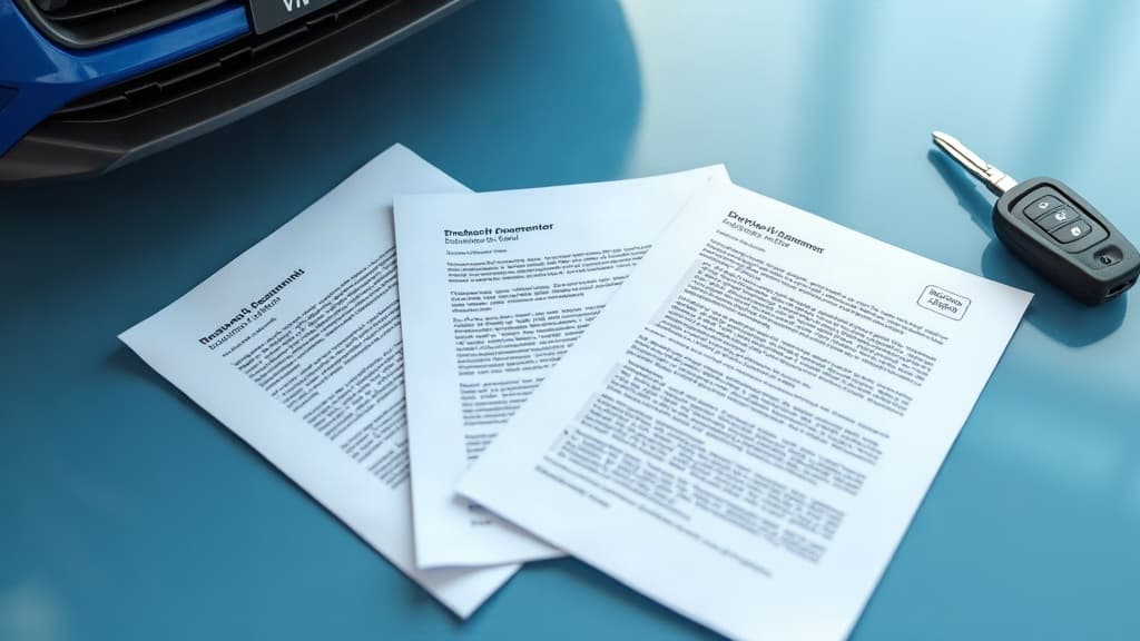 Documentos de veículo e uma chave de carro organizados sobre uma mesa clara.