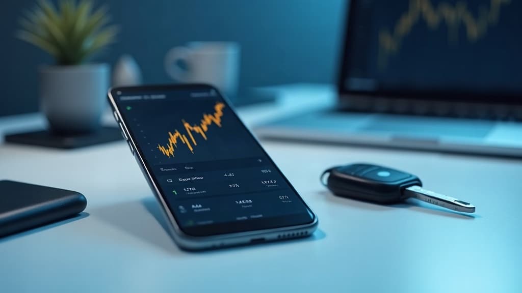 Celular mostrando um gráfico de variação de preço ao lado da chave do carro — fipe subiu ou caiu.