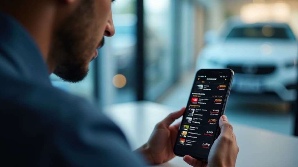 Pessoa analisando anúncios de carros no celular com expressão atenta — golpe na compra de carro como se proteger.