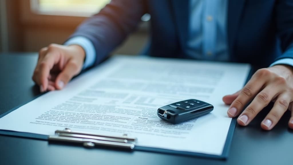 Pessoa lendo um contrato de financiamento de veículo com a chave do carro sobre a mesa.