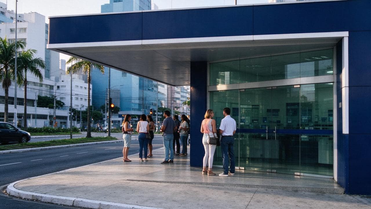 Fachada de um posto de atendimento de trânsito no Rio de Janeiro com pessoas aguardando na calçada, sem nenhum texto ou placa de veículo legível