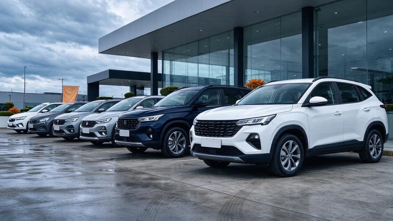 Fileira de carros novos em pátio de concessionária brasileira sob céu nublado, vistos de frente em ângulo, sem placas nem textos legíveis.