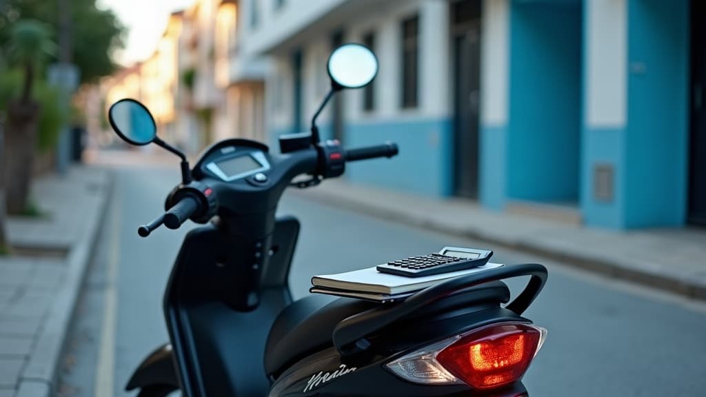 Motocicleta estacionada ao lado de uma calçada com prédios ao fundo — IPVA de moto como consultar.