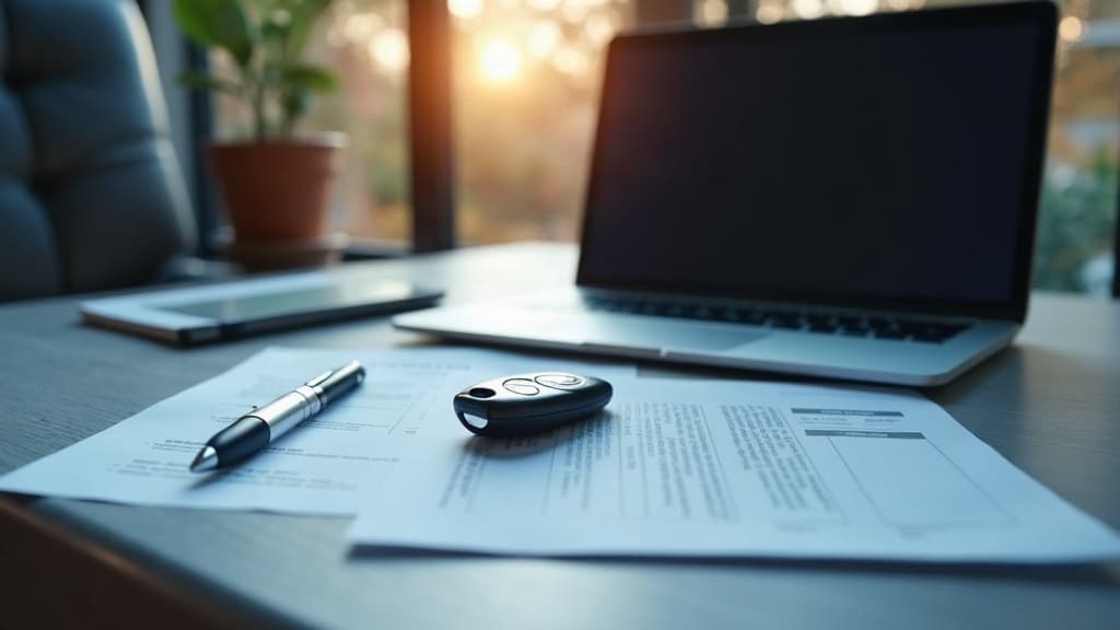 Mesa com notebook, documentos e uma chave de carro sob a luz da janela.