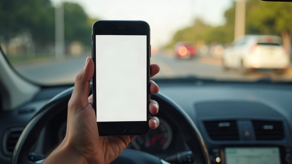 Mão segurando um celular com um aplicativo de documento digital do veículo em frente ao para-brisa de um carro.